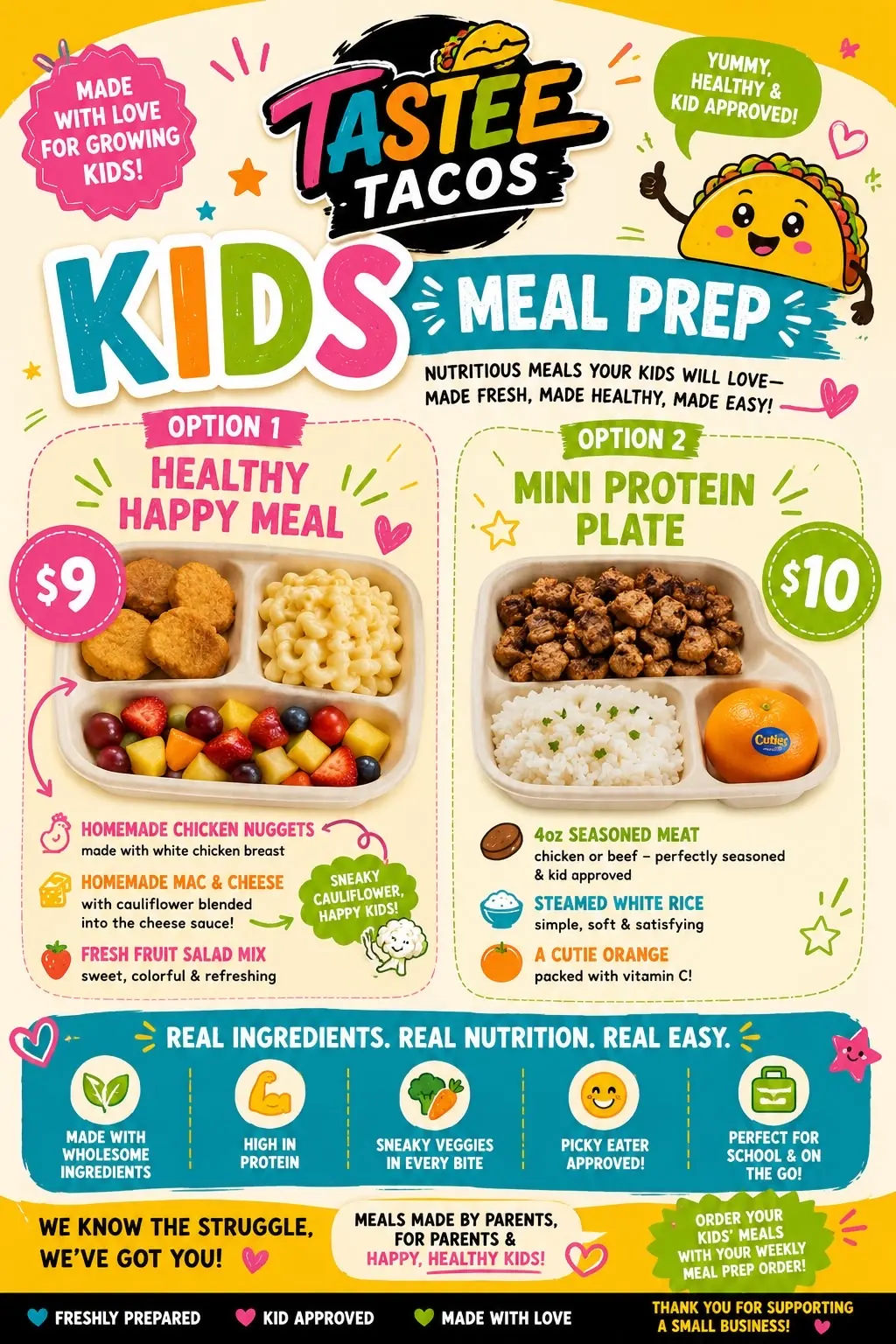 Tastee Meals kids meal prep menu showing the Healthy Happy Meal and the Mini Protein Plate
